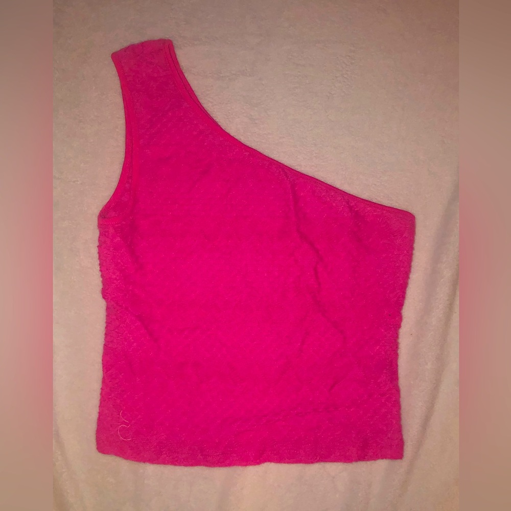 One shoulder bright pink textured blouse